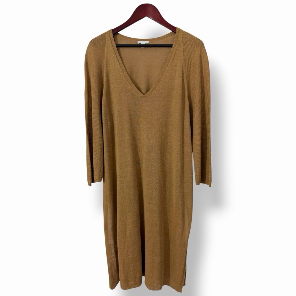 J. Jill Minimalist Lagenlook Camel Linen V-Neck Knit Tunic Sweater Dress Large
